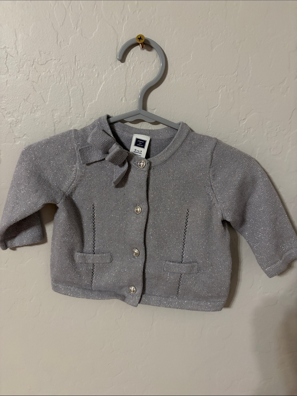 Janie and Jack Silver Sparkle Knit Cardigan with Bow Accent